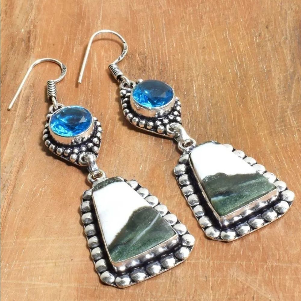 Tree Agate Blue Topaz Handmade Drop Dangle Earrings Jewelry 2.6"